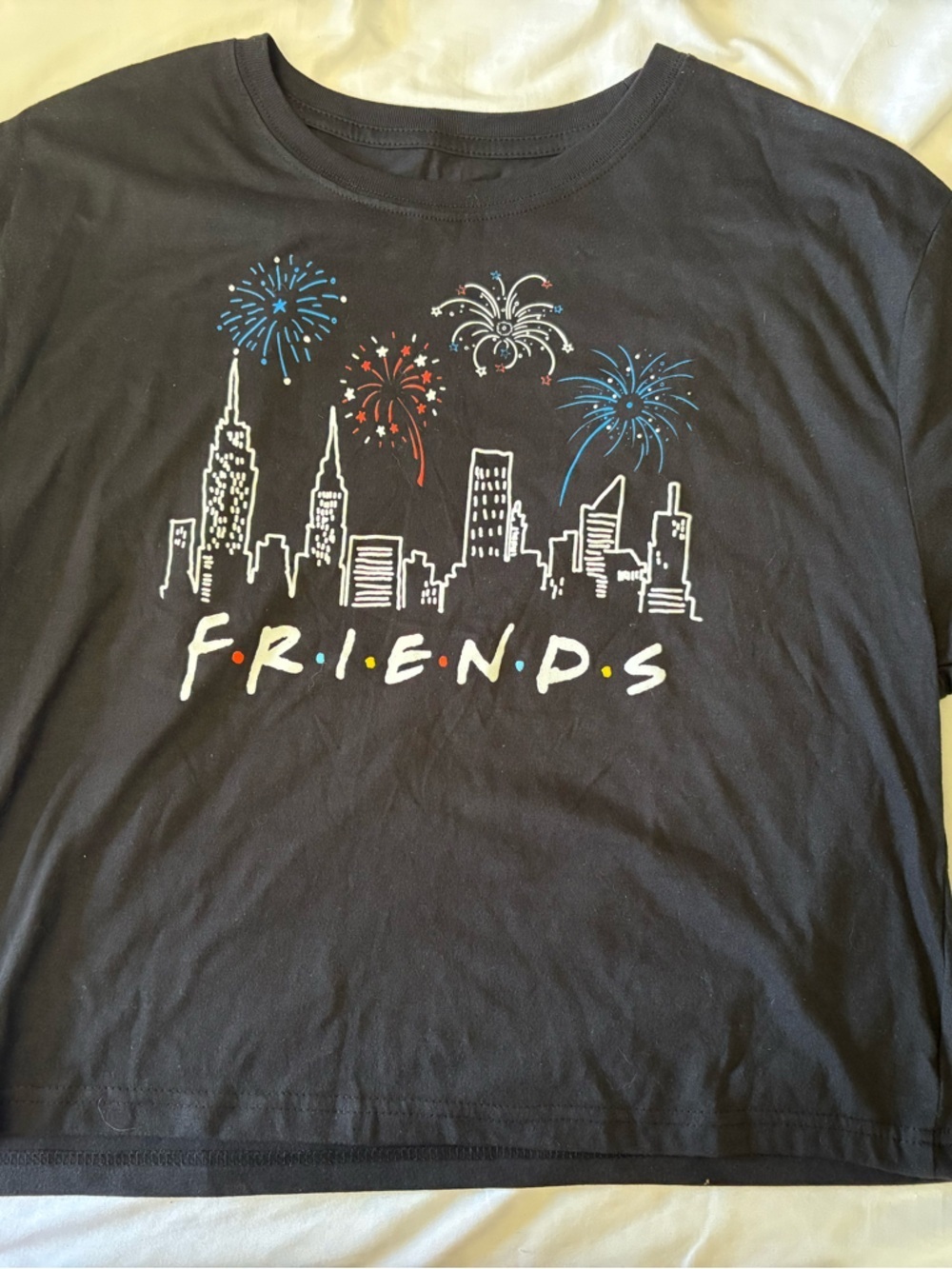 FRIENDS Black Tee , crop top   with City Skyline and Fireworks